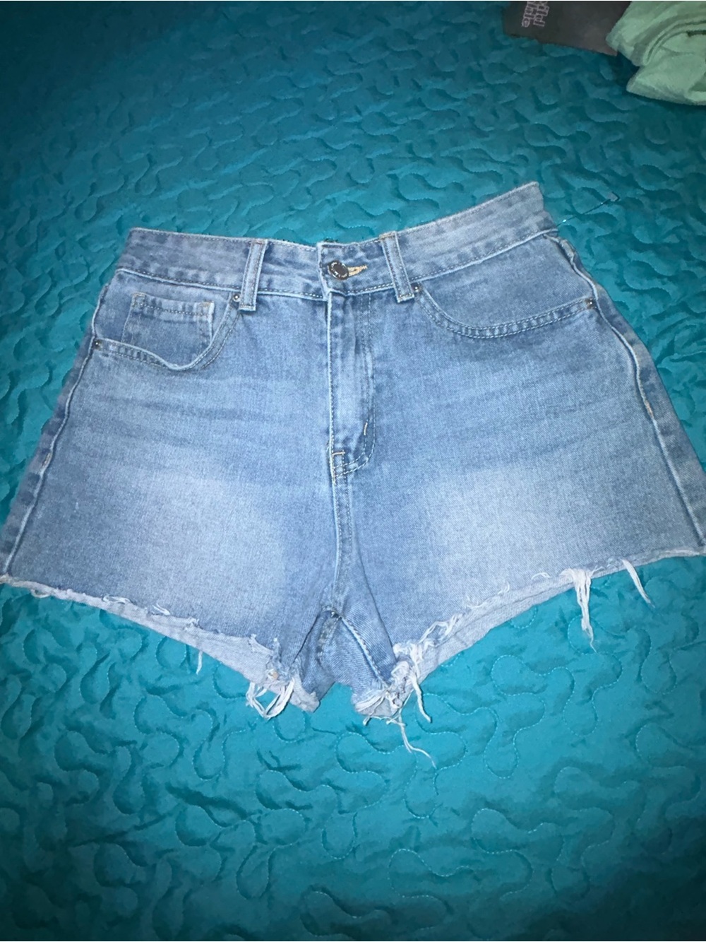 High-Rise Light Blue Frayed Hem Denim Shorts